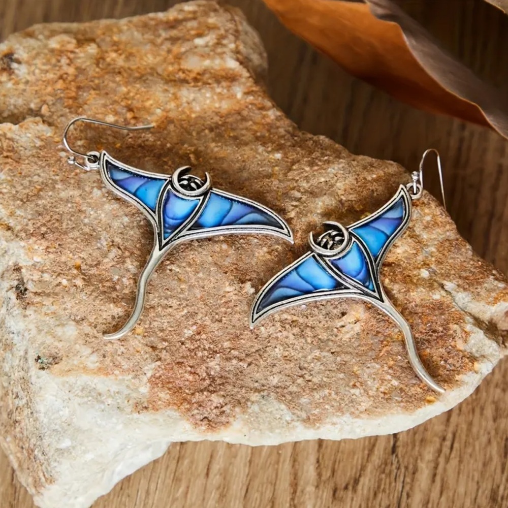 Blue Silver Earrings Stingray devil fish